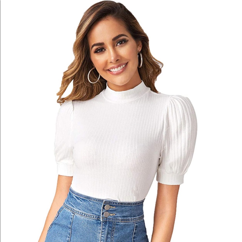 Puff Sleeve Mock Neck Slim Fit Ribbed T-Shirt Top